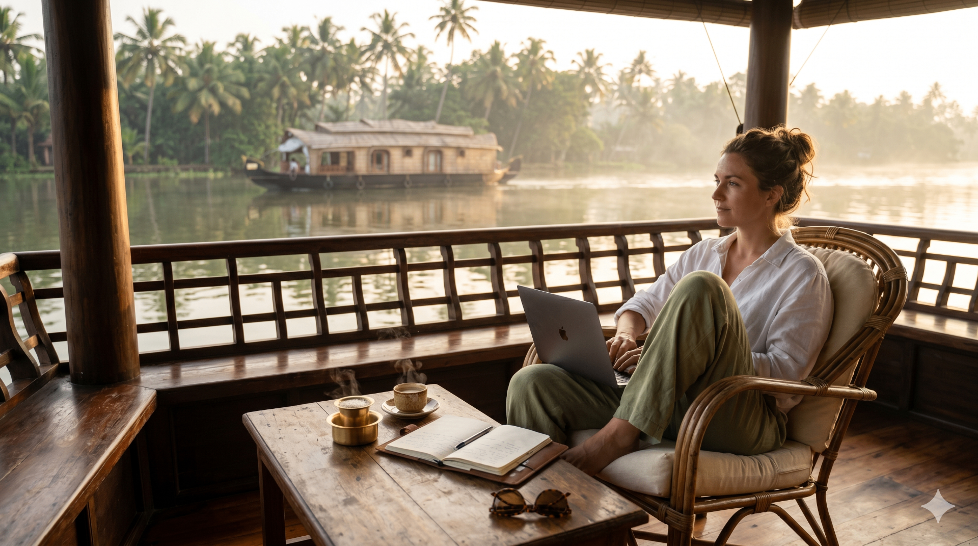 Remote worker on a Kerala houseboat verandah at dawn