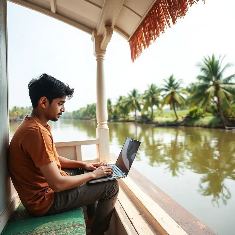 Working from a houseboat verandah in Alleppey