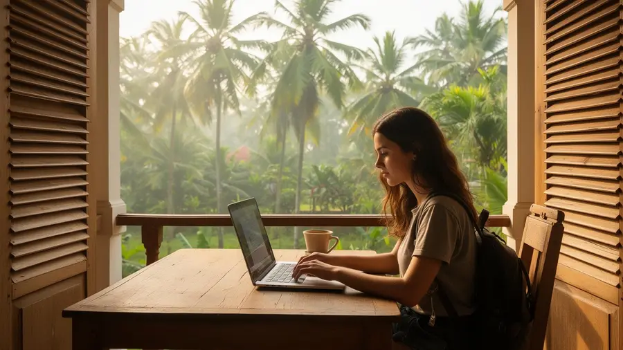 Traveller working at a verandah desk in Alleppey